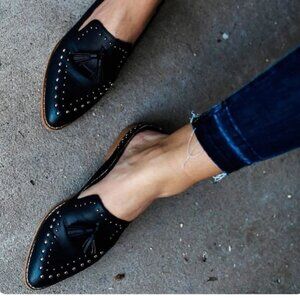 FSJ Black Studs Tassel Flats Mule Loafers for Women